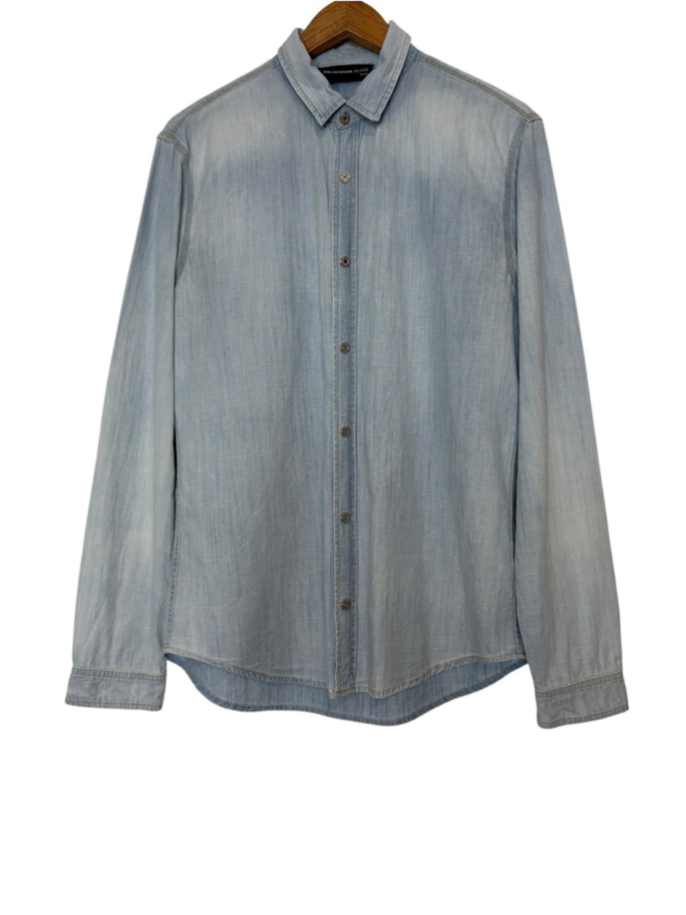 The Kooples Slim Fit Chambray Snap Front Shirt Men Sz L Light Wash Blue Cotton